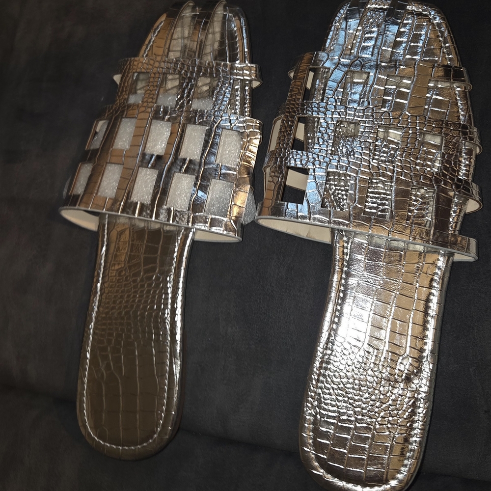 Silver Croc-Embossed Slide Sandals